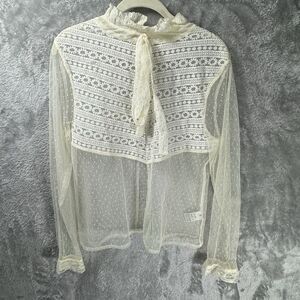 ASOS Top Women Large Ivory Lace & Semi Sheer Shirt Bow High Neck Coquette Girlie